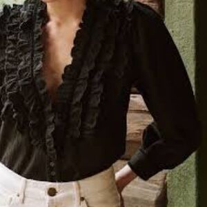 THE GREAT. Black Ruffled Blouse